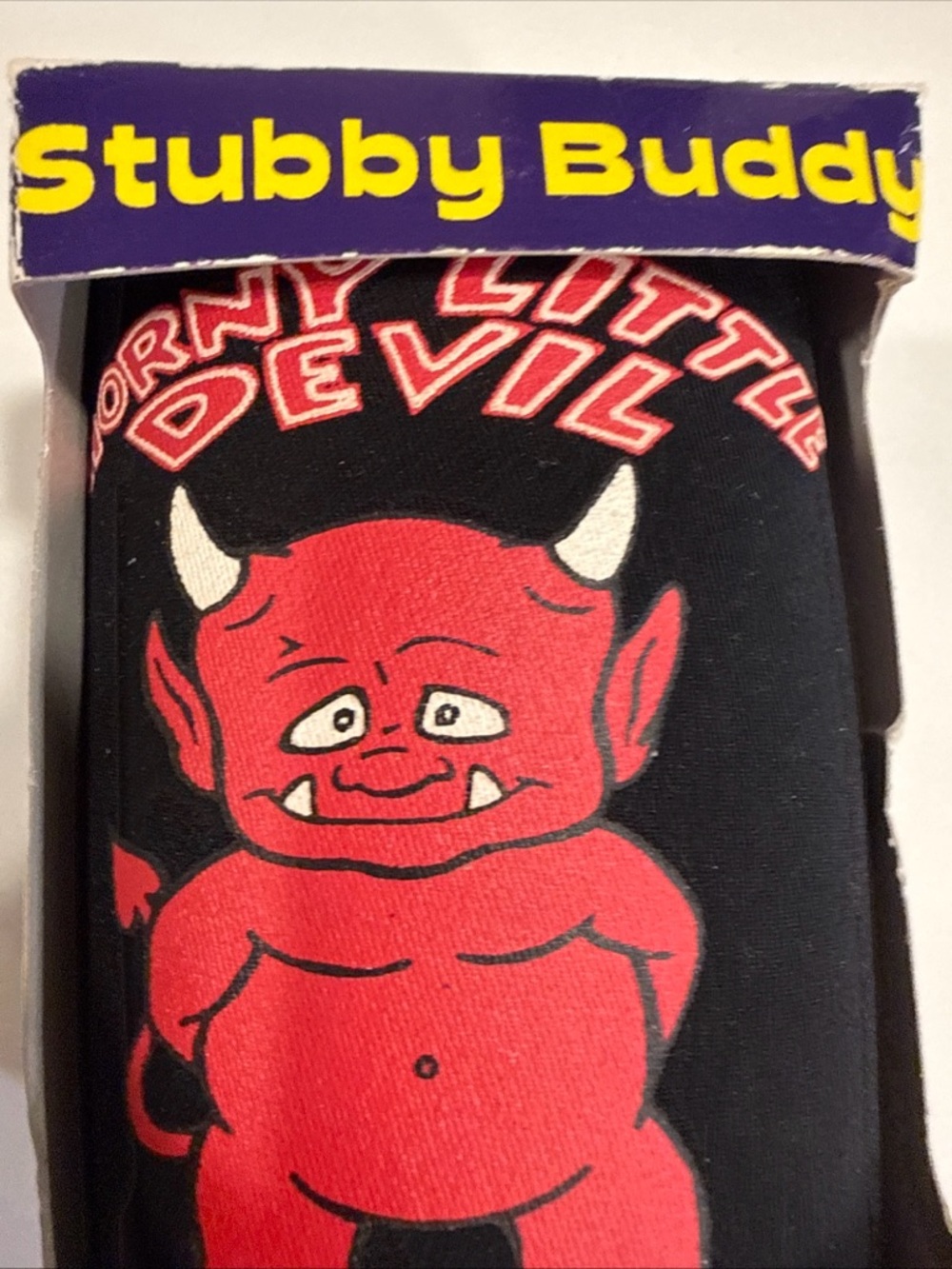 Horny Little Devil "Stubby Buddy" is a novelty drink cooler hold beverage cans